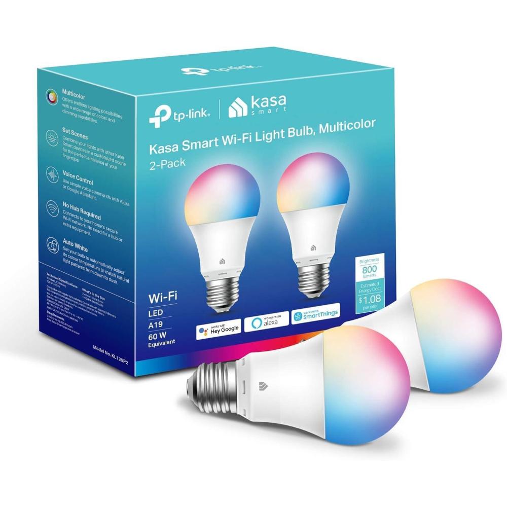 imageKasa Smart Light Bulbs Full Color Changing Dimmable Smart WiFi Bulbs Compatible with Alexa and Google Home A19 60 W 800 Lumens24Ghz only No Hub Required 2Pack KL125P2 Multicolor800 Lumens  2Pack