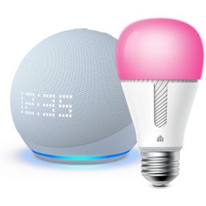 Echo Dot (5th Gen, 2022 release) with Clock in Cloud Blue bundle with TP-Link Kasa Smart Color Bulb